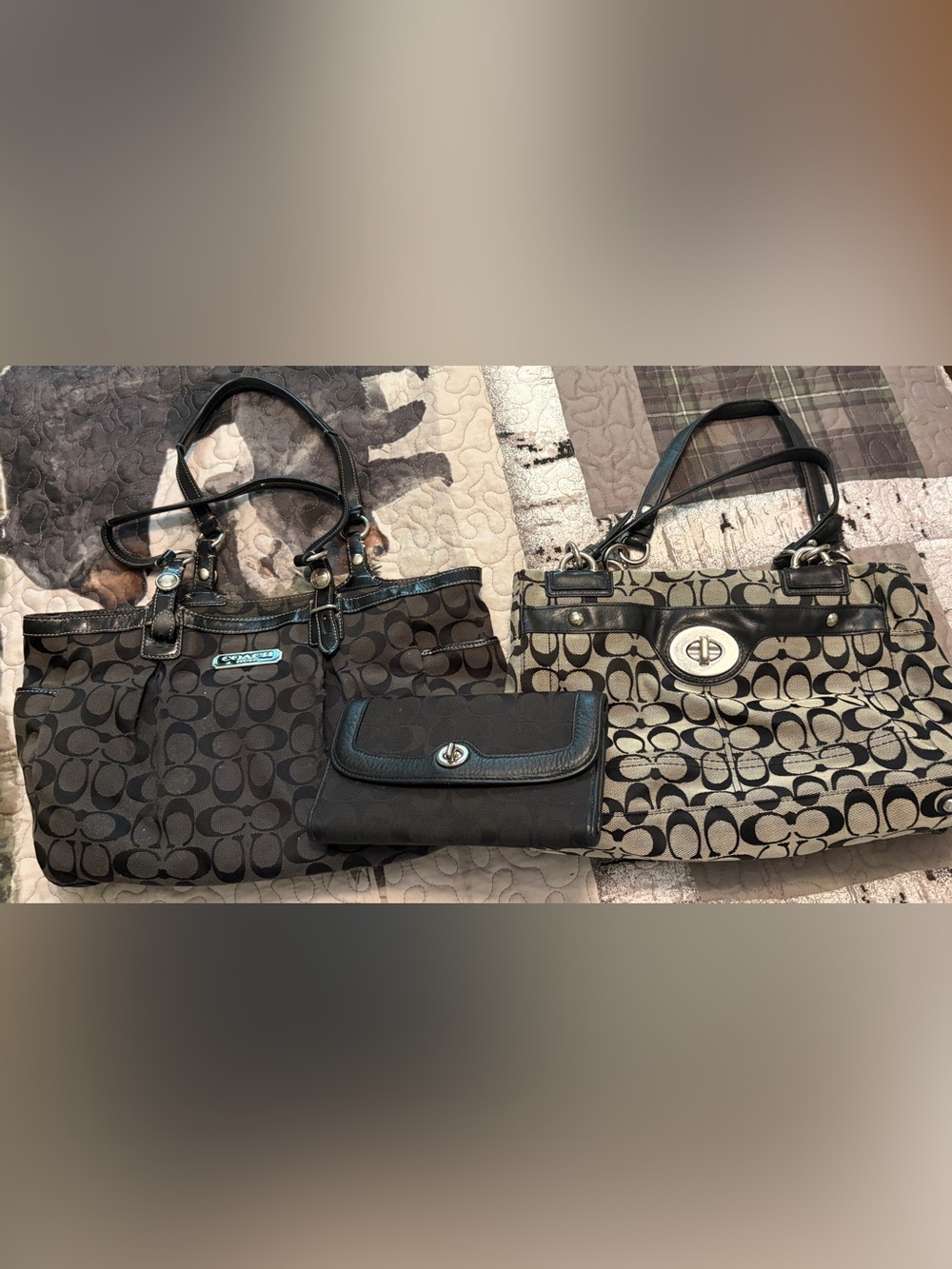 Coach Signature Tote Duo in Black and Khaki with Wallet